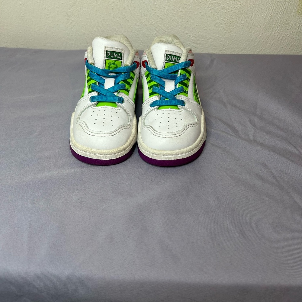 Puma X Cocomelon Kids 7C White Sneakers with Green and Blue Accents